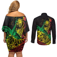 Personalised Reggae Jawaiian Festive Couples Matching Off Shoulder Short Dress and Long Sleeve Button Shirt Mix Polynesian LT7 - Polynesian Pride