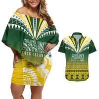 Cook Islands Rugby Custom Couples Matching Off Shoulder Short Dress and Hawaiian Shirt Kuki Avaiki LT7 Yellow Green - Polynesian Pride