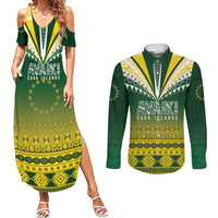 Cook Islands Rugby Custom Couples Matching Summer Maxi Dress and Long Sleeve Button Shirt Kuki Avaiki LT7 Yellow Green - Polynesian Pride