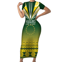 Cook Islands Rugby Custom Short Sleeve Bodycon Dress Kuki Avaiki LT7 Long Dress Yellow Green - Polynesian Pride