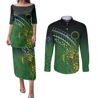 Cook Islands Rugby Kuki Avaiki Couples Matching Puletasi and Long Sleeve Button Shirt Tribal Turtle - Polynesian Pride