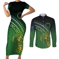 Cook Islands Rugby Kuki Avaiki Couples Matching Short Sleeve Bodycon Dress and Long Sleeve Button Shirt Tribal Turtle - Polynesian Pride