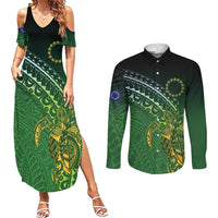 Cook Islands Rugby Kuki Avaiki Couples Matching Summer Maxi Dress and Long Sleeve Button Shirt Tribal Turtle LT7 Dark Green - Polynesian Pride