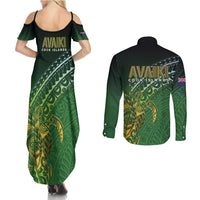 Cook Islands Rugby Kuki Avaiki Couples Matching Summer Maxi Dress and Long Sleeve Button Shirt Tribal Turtle LT7 - Polynesian Pride
