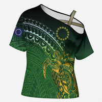 Cook Islands Rugby Kuki Avaiki Cross Shoulder Shirt Tribal Turtle LT7 Female Dark Green - Polynesian Pride