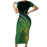 Cook Islands Rugby Kuki Avaiki Short Sleeve Bodycon Dress Tribal Turtle LT7 Long Dress Dark Green - Polynesian Pride