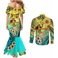 Honolulu Hawaii Couples Matching Mermaid Dress and Long Sleeve Button Shirt Ilima Plumeria with Hula Girl LT7 - Polynesian Pride