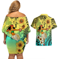 Honolulu Hawaii Couples Matching Off Shoulder Short Dress and Hawaiian Shirt Ilima Plumeria with Hula Girl LT7 - Polynesian Pride