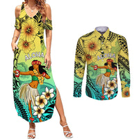 Honolulu Hawaii Couples Matching Summer Maxi Dress and Long Sleeve Button Shirt Ilima Plumeria with Hula Girl LT7 Colorful - Polynesian Pride