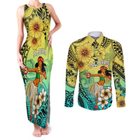 Honolulu Hawaii Couples Matching Tank Maxi Dress and Long Sleeve Button Shirt Ilima Plumeria with Hula Girl LT7 Colorful - Polynesian Pride