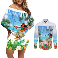 Personalised Hawaii Hula Girl Couples Matching Off Shoulder Short Dress and Long Sleeve Button Shirt Honolulu Festival LT7 Art - Polynesian Pride