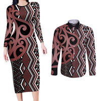 Maori Taniko Patterns Couples Matching Long Sleeve Bodycon Dress and Long Sleeve Button Shirt Brown Patiki Motifs Mix Whakairo Ngaru