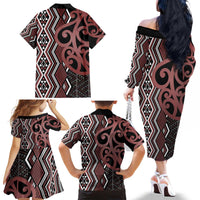 Maori Taniko Patterns Family Matching Off The Shoulder Long Sleeve Dress and Hawaiian Shirt Brown Patiki Motifs Mix Whakairo Ngaru