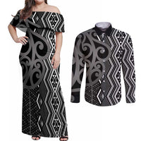 Maori Taniko Patterns Couples Matching Off Shoulder Maxi Dress and Long Sleeve Button Shirt Black Patiki Motifs Mix Whakairo Ngaru