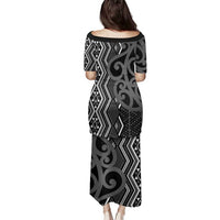 Maori Taniko Patterns Family Matching Puletasi and Hawaiian Shirt Black Patiki Motifs Mix Whakairo Ngaru