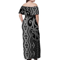 Maori Taniko Patterns Off Shoulder Maxi Dress Black Patiki Motifs Mix Whakairo Ngaru LT7 - Polynesian Pride