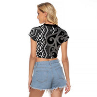 Maori Taniko Patterns Raglan Cropped T Shirt Black Patiki Motifs Mix Whakairo Ngaru LT7 - Polynesian Pride