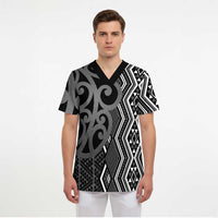 Maori Taniko Patterns Scrub Top Black Patiki Motifs Mix Whakairo Ngaru LT7 - Polynesian Pride