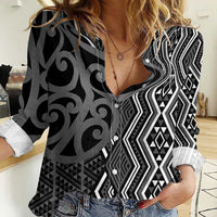 Maori Taniko Patterns Women Casual Shirt Black Patiki Motifs Mix Whakairo Ngaru