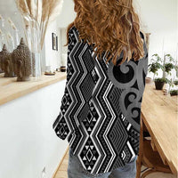 Maori Taniko Patterns Women Casual Shirt Black Patiki Motifs Mix Whakairo Ngaru
