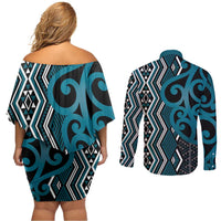 Maori Taniko Patterns Couples Matching Off Shoulder Short Dress and Long Sleeve Button Shirt Azure Patiki Motifs Mix Whakairo Ngaru