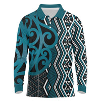 Maori Taniko Patterns Long Sleeve Polo Shirt Azure Patiki Motifs Mix Whakairo Ngaru
