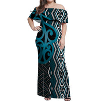 Maori Taniko Patterns Off Shoulder Maxi Dress Azure Patiki Motifs Mix Whakairo Ngaru LT7 Women Azure - Polynesian Pride
