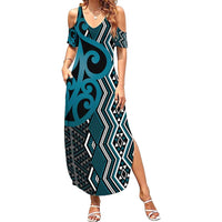 Maori Taniko Patterns Summer Maxi Dress Azure Patiki Motifs Mix Whakairo Ngaru LT7 Women Azure - Polynesian Pride
