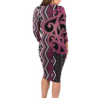 Maori Taniko Patterns Family Matching Long Sleeve Bodycon Dress and Hawaiian Shirt Pink Patiki Motifs Mix Whakairo Ngaru