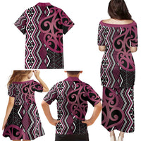 Maori Taniko Patterns Family Matching Puletasi and Hawaiian Shirt Pink Patiki Motifs Mix Whakairo Ngaru