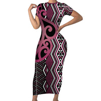 Maori Taniko Patterns Family Matching Short Sleeve Bodycon Dress and Hawaiian Shirt Pink Patiki Motifs Mix Whakairo Ngaru