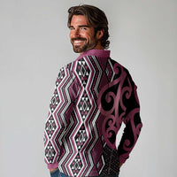 Maori Taniko Patterns Long Sleeve Polo Shirt Pink Patiki Motifs Mix Whakairo Ngaru