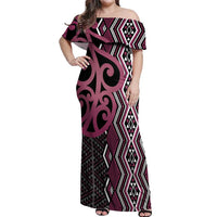 Maori Taniko Patterns Off Shoulder Maxi Dress Pink Patiki Motifs Mix Whakairo Ngaru LT7 Women Pink - Polynesian Pride