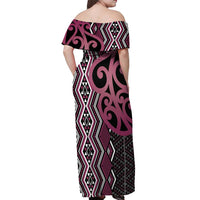 Maori Taniko Patterns Off Shoulder Maxi Dress Pink Patiki Motifs Mix Whakairo Ngaru LT7 - Polynesian Pride