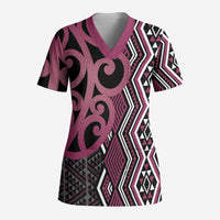 Maori Taniko Patterns Scrub Top Pink Patiki Motifs Mix Whakairo Ngaru LT7 Adult Pink - Polynesian Pride
