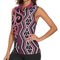 Maori Taniko Patterns Women Sleeveless Polo Shirt Pink Patiki Motifs Mix Whakairo Ngaru
