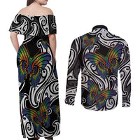 Aotearoa Takatapui Pride Couples Matching Off Shoulder Maxi Dress and Long Sleeve Button Shirt Rainbow Butterfly - Free To Love