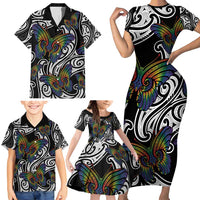 Aotearoa Takatapui Pride Family Matching Short Sleeve Bodycon Dress and Hawaiian Shirt Rainbow Butterfly - Free To Love