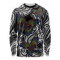 Aotearoa Takatapui Pride Long Sleeve Shirt Rainbow Butterfly - Free To Love LT7 Unisex Black - Polynesian Pride