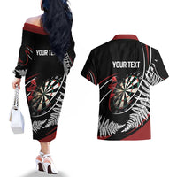 New Zealand Darts Personalised Couples Matching Off The Shoulder Long Sleeve Dress and Hawaiian Shirt Silver Fern Dynamic