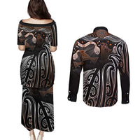 Aotearoa Maori - Australia Indigenous Couples Matching Puletasi and Long Sleeve Button Shirt Koiri Whakairo Mix Aboriginal Art LT7 - Polynesian Pride