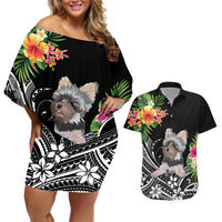 Personalised Polynesian Couples Matching Off Shoulder Short Dress and Hawaiian Shirt With Yorkshire Terrier Floral Style LT7 Black - Polynesian Pride