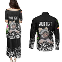 Personalised Polynesian Couples Matching Puletasi Dress and Long Sleeve Button Shirts With Yorkshire Terrier Floral Style LT7 - Polynesian Pride