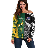 Custom Rugby South Africa New Zealand Greatest Rivals Off Shoulder Sweater Tribal Motifs LT7 Women Multicolor - Polynesian Pride