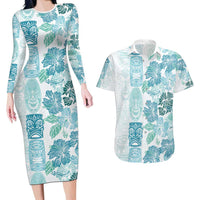 Christmas Aloha Hawaii Tiki Couples Matching Long Sleeve Bodycon Dress and Hawaiian Shirt Hibiscus Summer Colors - Polynesian Pride