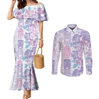 Christmas Aloha Hawaii Tiki Couples Matching Mermaid Dress and Long Sleeve Button Shirt Hibiscus Winter Colors - Polynesian Pride