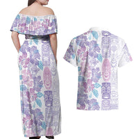 Christmas Aloha Hawaii Tiki Couples Matching Off Shoulder Maxi Dress and Hawaiian Shirt Hibiscus Winter Colors - Polynesian Pride
