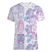 Christmas Aloha Hawaii Tiki Women V-Neck T-Shirt Hibiscus Winter Colors - Polynesian Pride