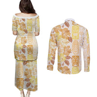 Christmas Aloha Hawaii Tiki Couples Matching Puletasi and Long Sleeve Button Shirt Hibiscus Autumn Colors - Polynesian Pride