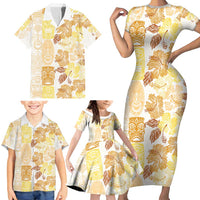 Christmas Aloha Hawaii Tiki Family Matching Short Sleeve Bodycon Dress and Hawaiian Shirt Hibiscus Autumn Colors - Polynesian Pride